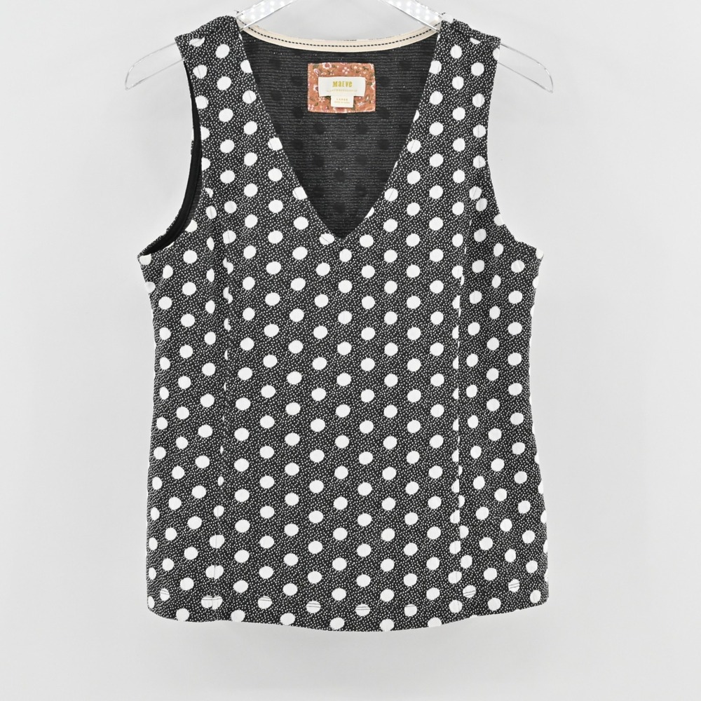 Anthropologie Maeve Jacquard Polka Dot Top Size L Black White Sleeveless V Neck